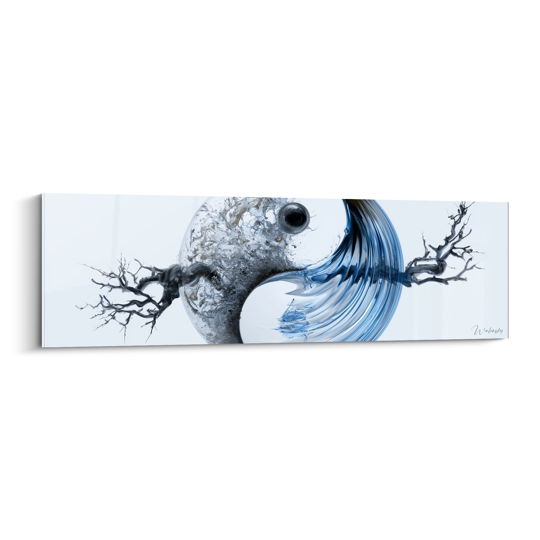 Yin Yang sculptural en gris anthracite et bleu marine, sphère aux branches noueuses sur fond blanc