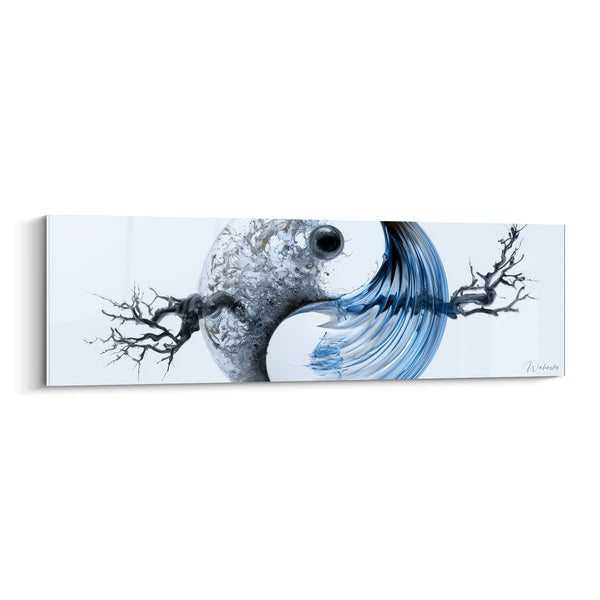 Gemälde Symbol Sphärisch Grau und Blau mit knorrigen Ästen - Dualität in der Schwebe - Yin Yang Edition