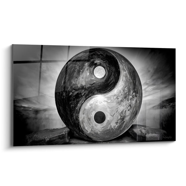 Tableau Sphère marbrée noire et blanche sur pierres - Harmonie silencieuse - Edition Yin Yang