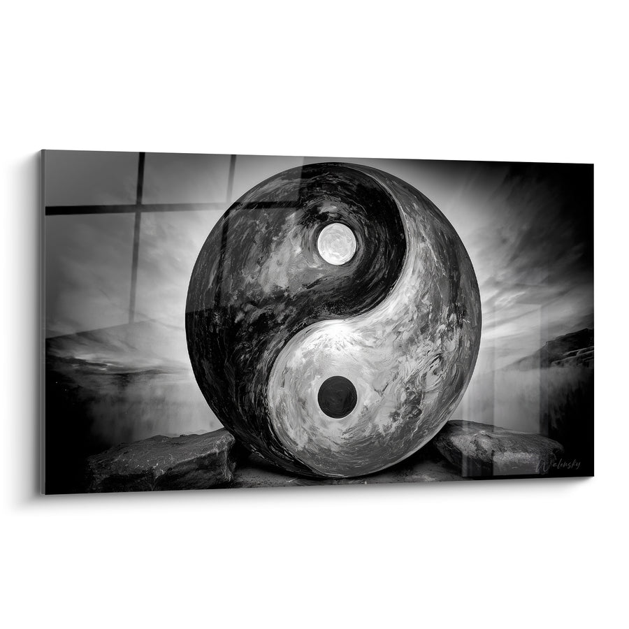 Tableau Sphère marbrée noire et blanche sur pierres - Harmonie silencieuse - Edition Yin Yang