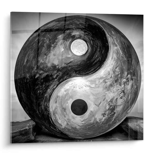 Tableau Symbole sphérique noir et blanc texturé - Équilibre des forces - Edition Yin Yang