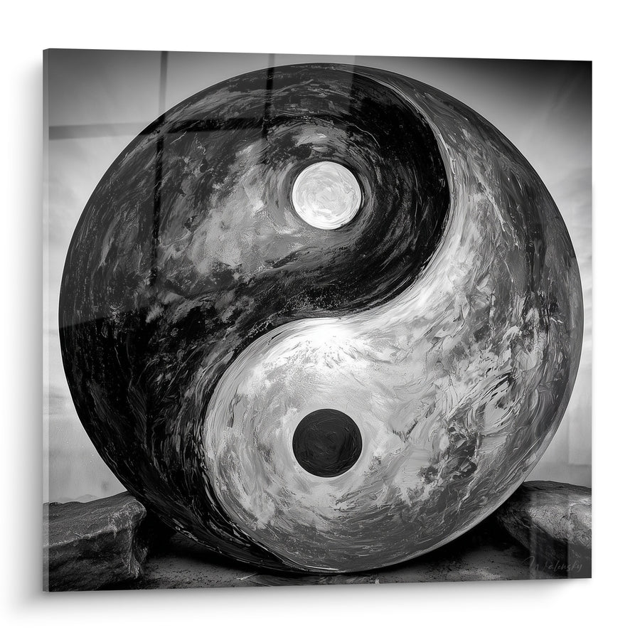 Tableau Symbole sphérique noir et blanc texturé - Équilibre des forces - Edition Yin Yang