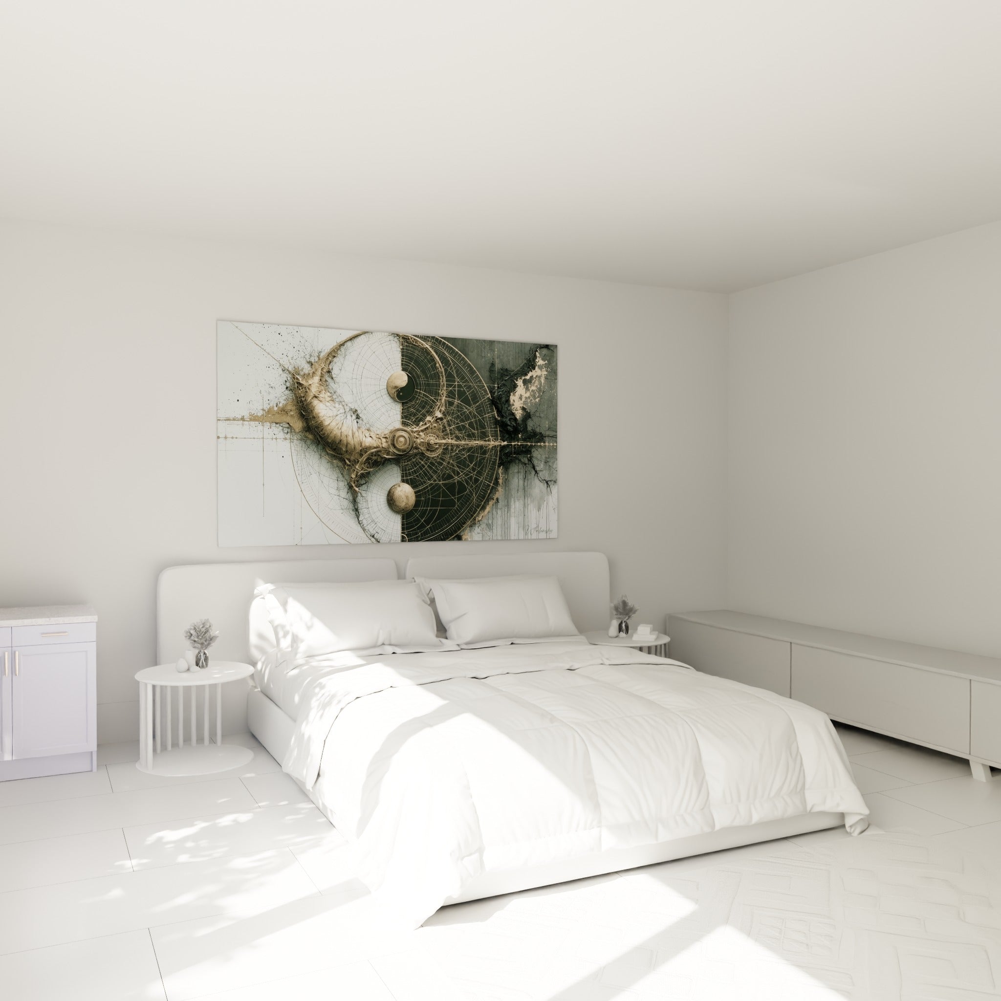 Yin Yang aux textures dorées et anthracite au-dessus d'un lit dans une chambre claire