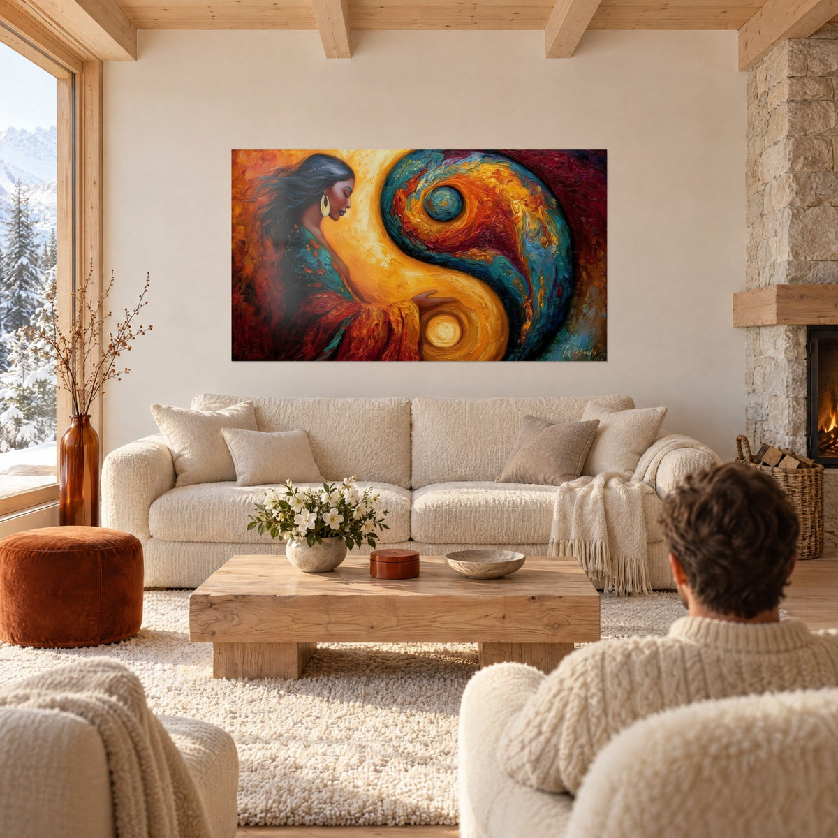 Tableau femme aux cheveux gris et yin yang doré, manteau rouge et turquoise, au-dessus d'un canapé dans un salon lumineux