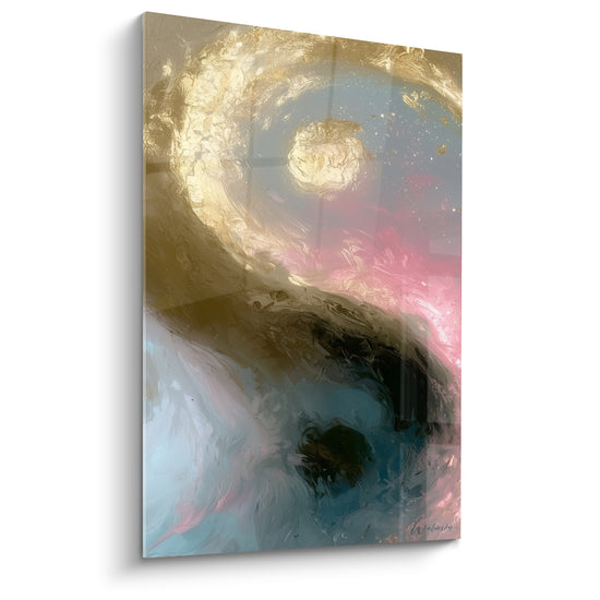 Tableau Symbole doré et rose aux volutes crémeuses - Éclats de poussière stellaire - Edition Yin Yang