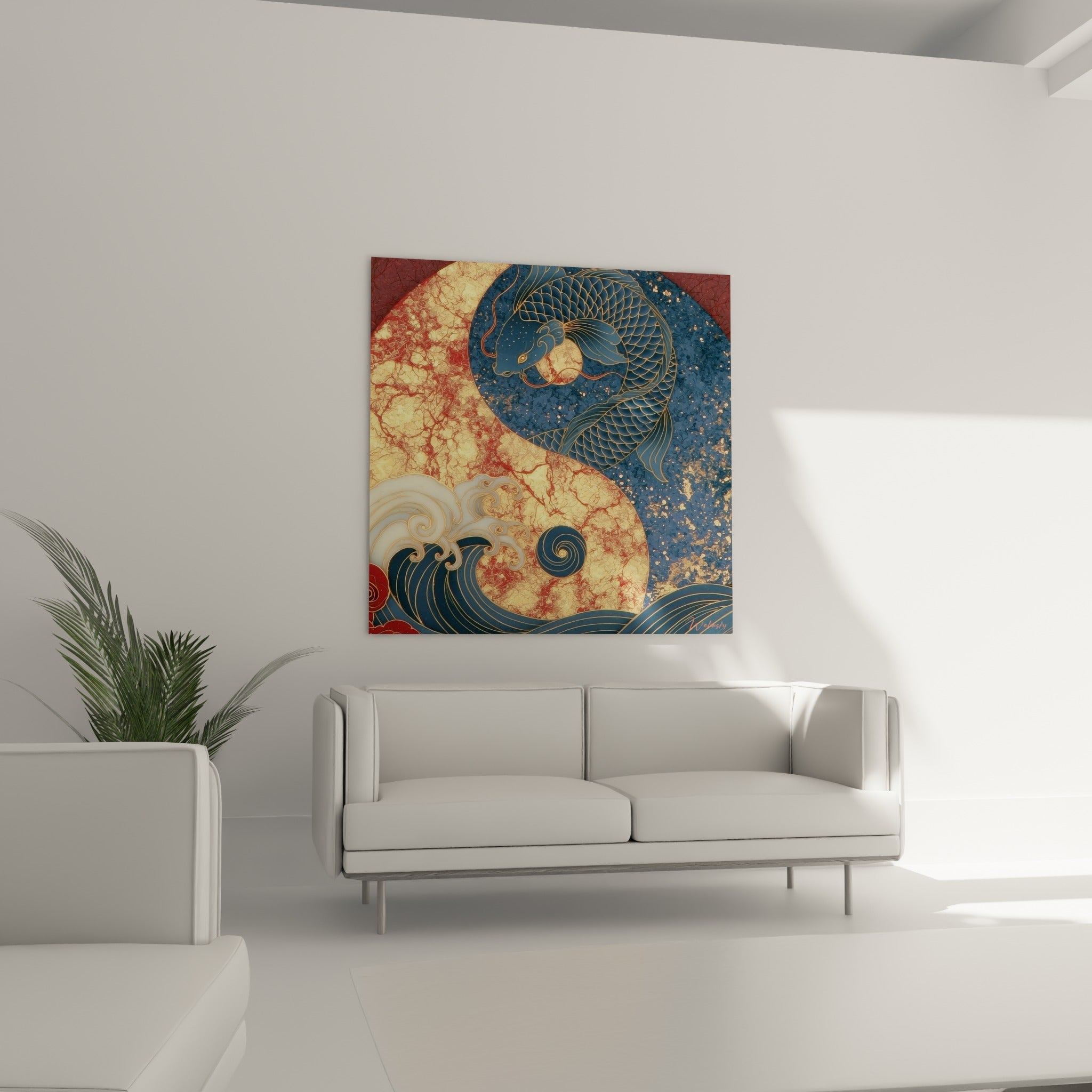Spirale bleu marine et dorée du tableau Yin Yang au-dessus d'un canapé dans un salon lumineux