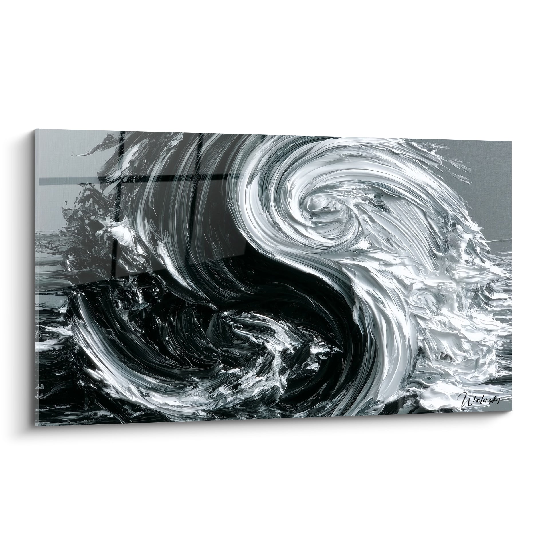 Spirale Yin Yang en noir profond et blanc nacré aux empâtements sculptés et courbes fluides
