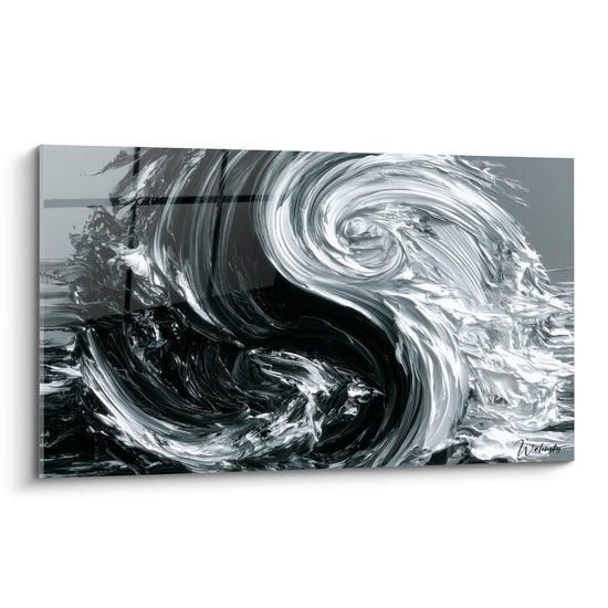 Spirale Yin Yang en noir profond et blanc nacré aux empâtements sculptés et courbes fluides