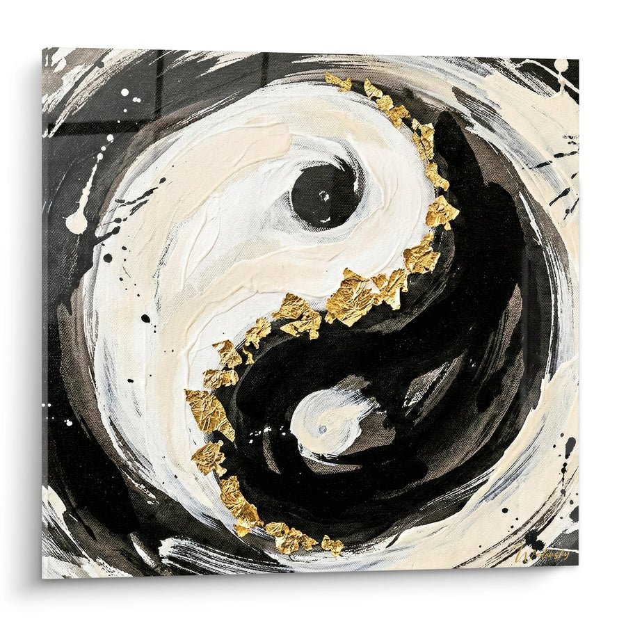 Tableau Spirale Abstraite Noir Blanc et Or - Équilibre Cosmique - Edition Yin Yang