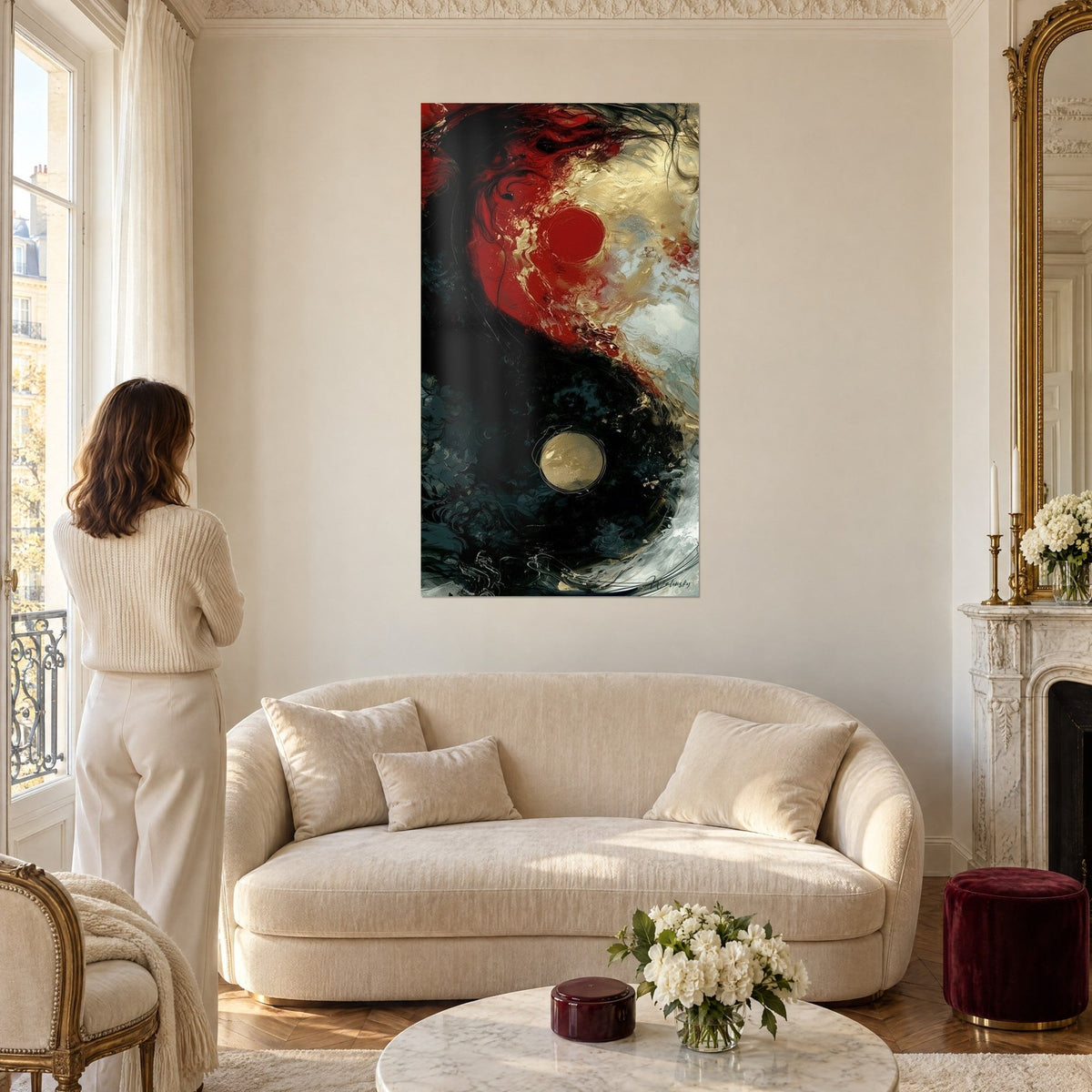 Tableau symbole yin yang rouge et noir, points dorés, écume blanche, femme de dos, au-dessus d'un canapé dans un salon lumineux