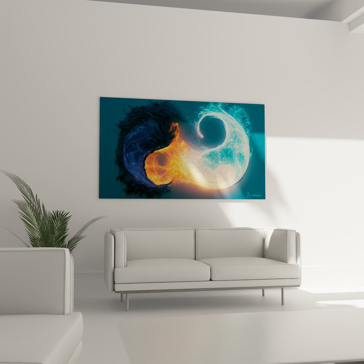 Spirales de feu orange et glace turquoise du Yin Yang au-dessus d'un canapé dans un salon lumineux
