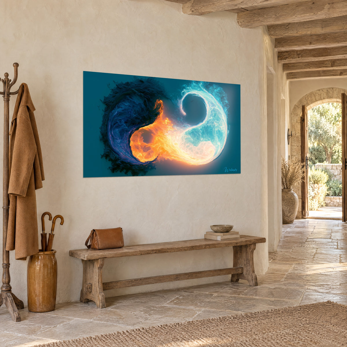 Quadro di duello elementale, volute di fuoco arancio e onde blu navy di fronte a una spirale bianco turchese, corridoio in pietra