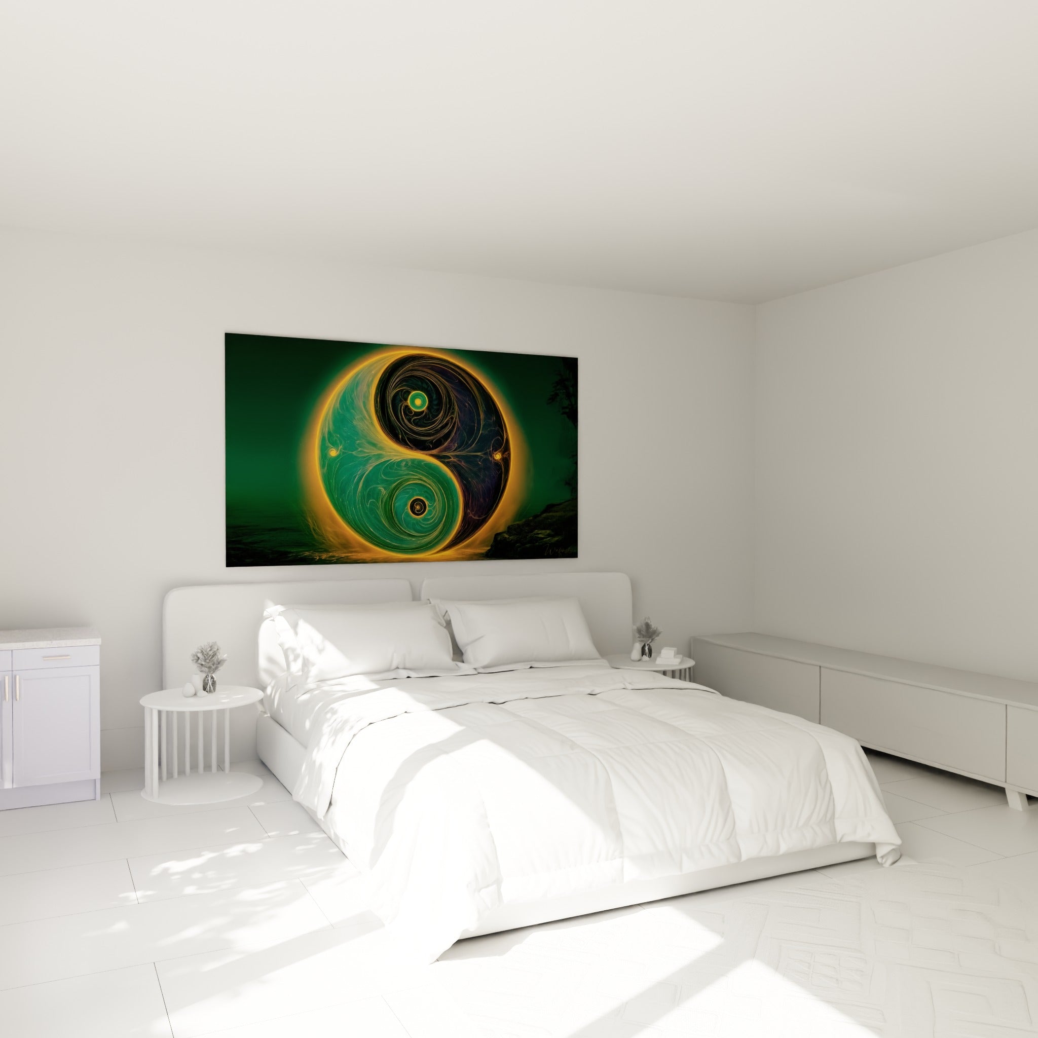 Spirales du Yin Yang vert émeraude et doré au-dessus d'un lit dans une chambre claire