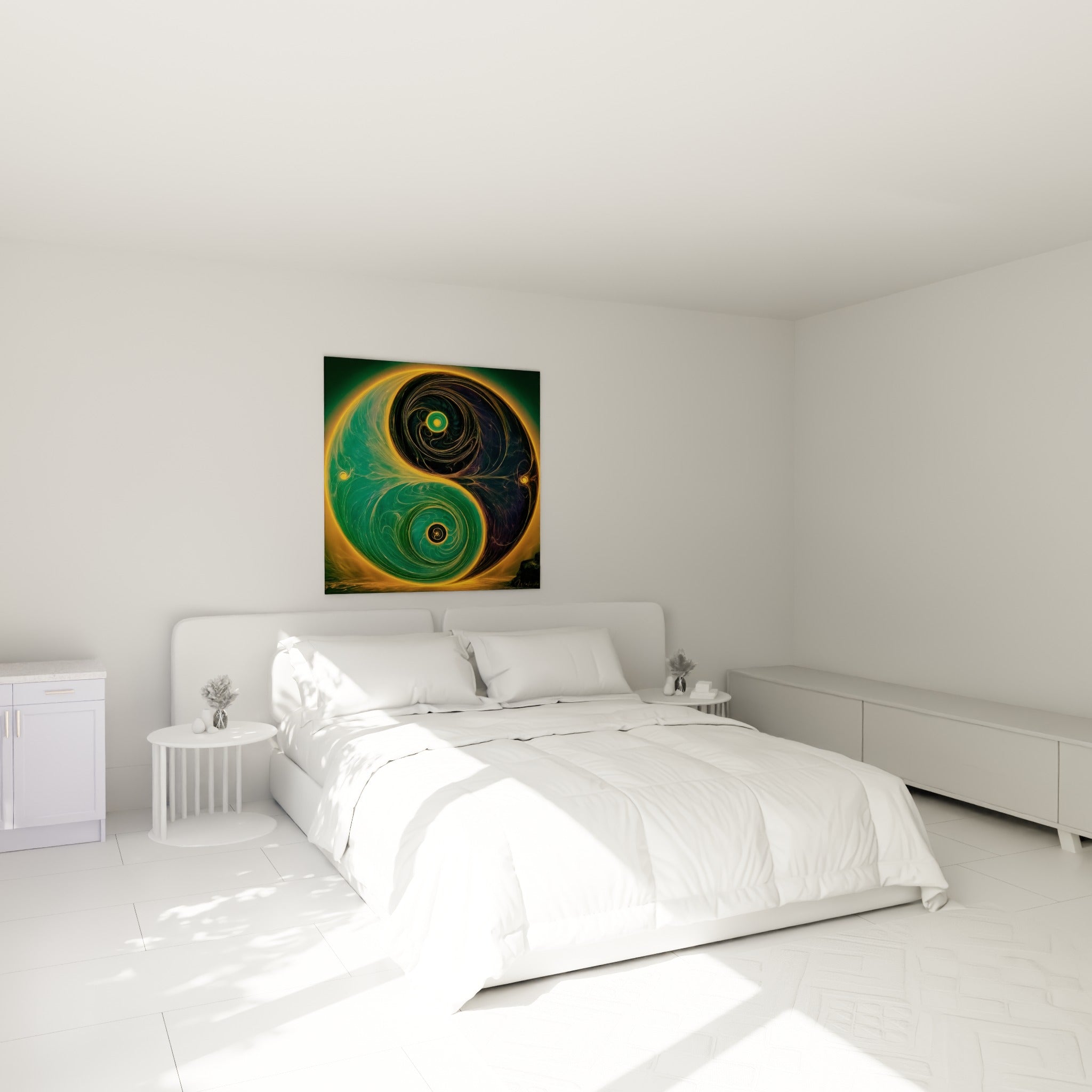 Spirales Yin Yang vert émeraude et dorées au-dessus d'un lit dans une chambre claire