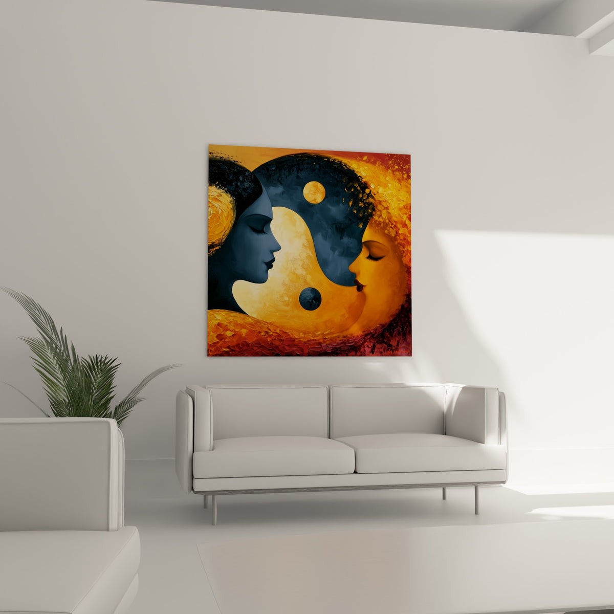 Symbole Yin Yang aux teintes ocre et anthracite suspendu au-dessus d'un canapé dans un salon lumineux