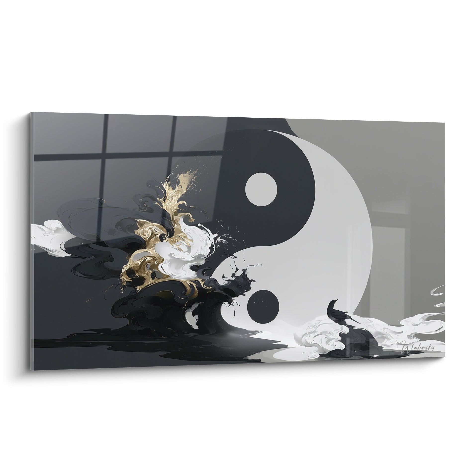 Symbole Yin Yang noir et blanc traversé de volutes dorées et d'écume tourbillonnante