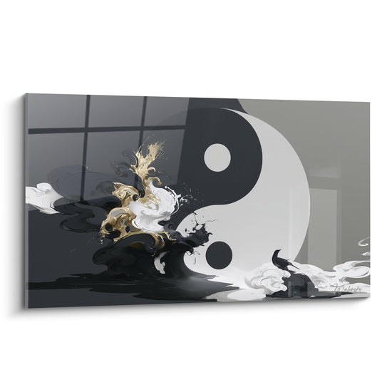 Tableau Symbole noir et blanc aux volutes dorées - Éclaboussure d'encre liquide - Edition Yin Yang