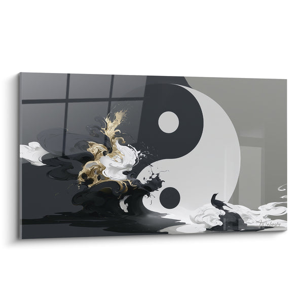 Schwarz-Weiß-Schild mit goldenen Voluten - Tintenklecks - Yin Yang Edition
