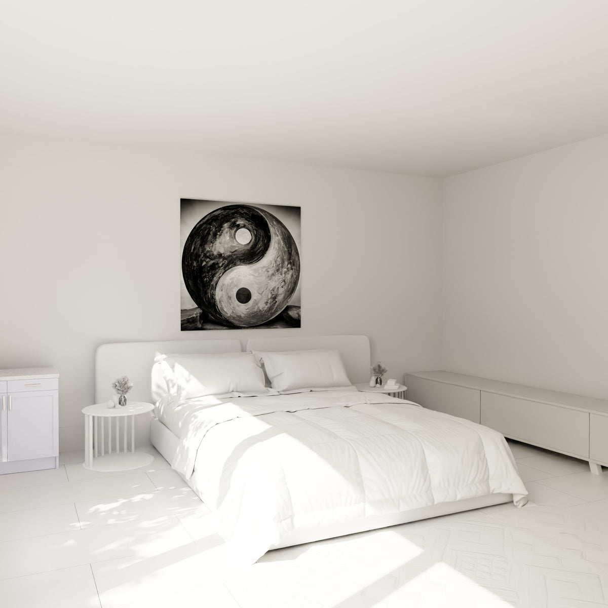 Symbole Yin Yang sculptural gris et blanc accroché au-dessus d'un lit dans une chambre claire
