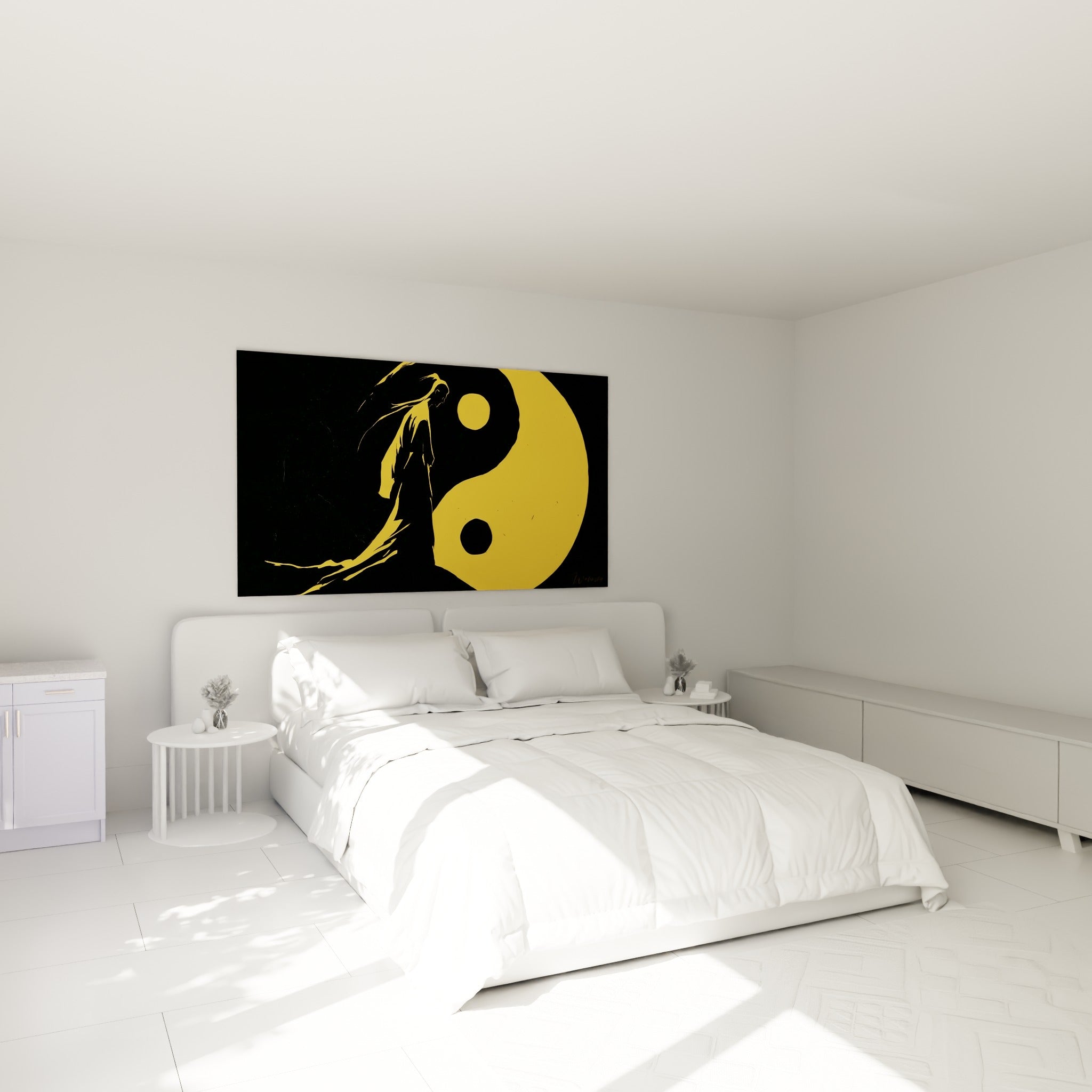 Symbole Yin Yang jaune et silhouette noire drapée, accroché au-dessus d'un lit dans une chambre claire