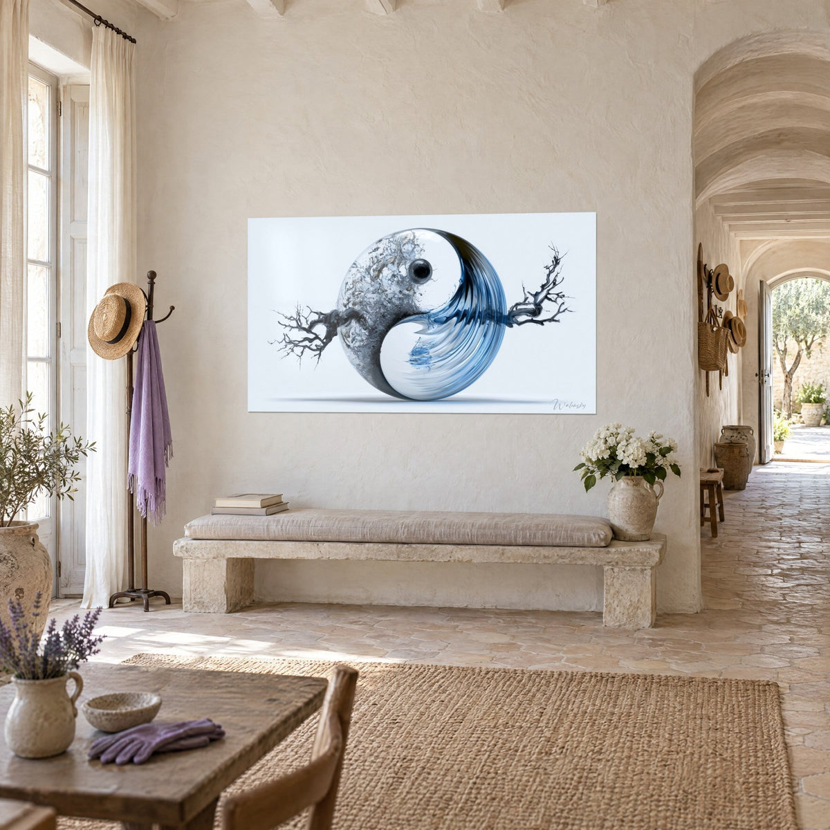 Tableau globe de cristal mi-gris mi-bleu, racines noires noueuses de part et d'autre, dans un couloir voûté de mas provençal