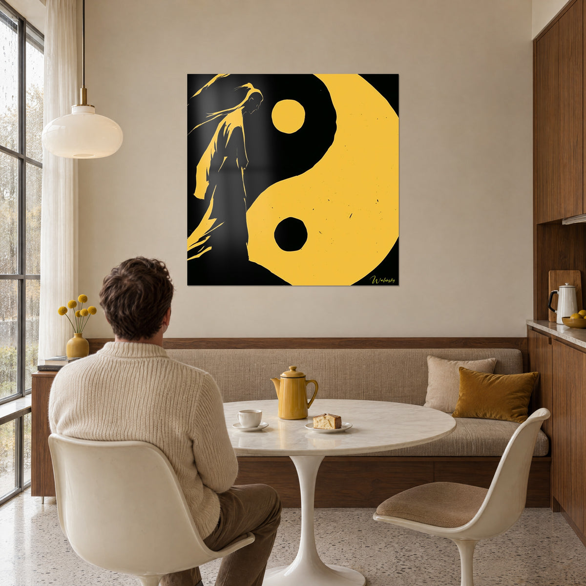 Wall art sage with long black hair in front of an immense ochre sun, facing a round white table and a wooden living room