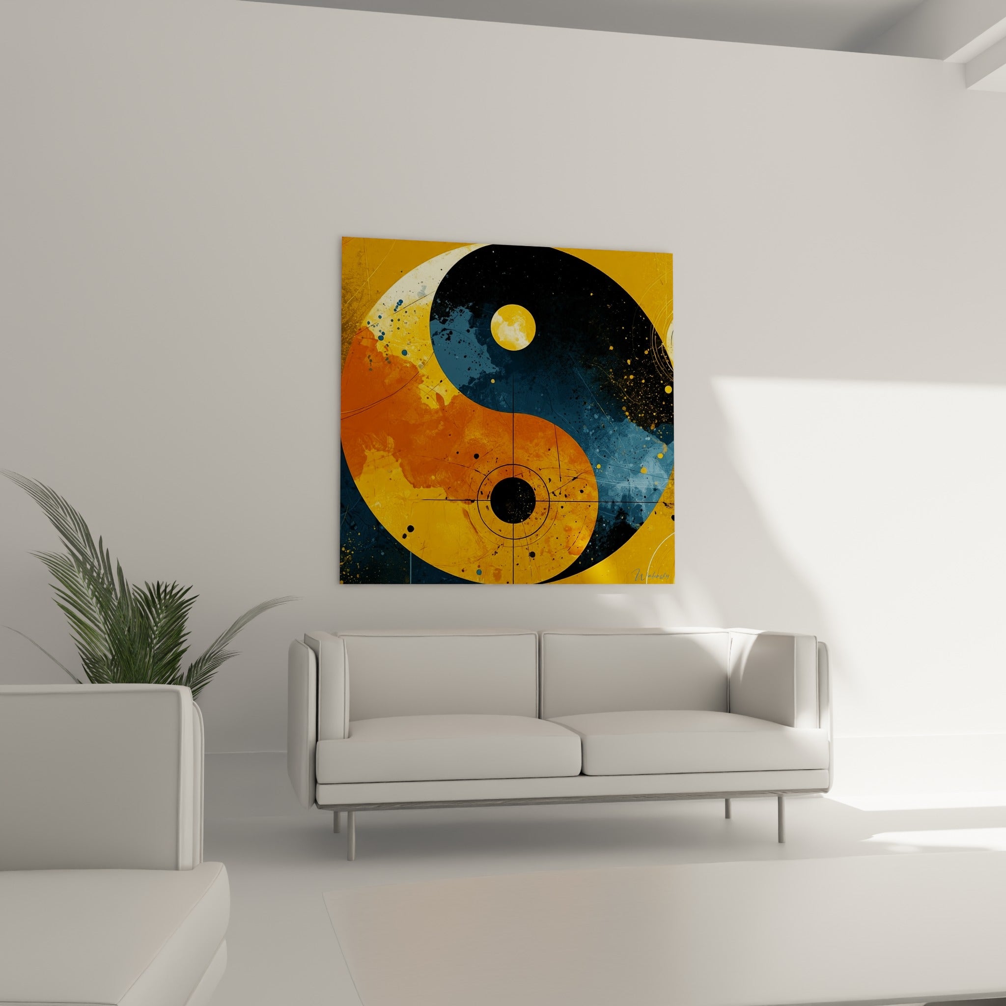 Dualité ocre et anthracite du Yin Yang suspendue au-dessus d'un canapé dans un salon lumineux