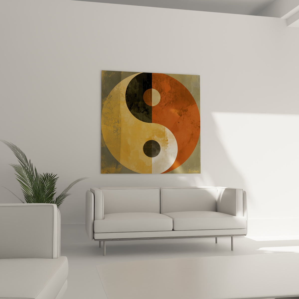 Yin Yang terracotta et olive suspendu au-dessus d'un canapé dans un salon lumineux