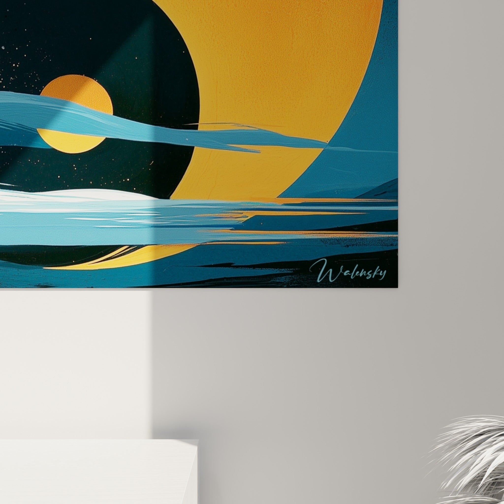 Matière picturale du Yin Yang, coulures orange et touches bleu turquoise se mêlant en surface