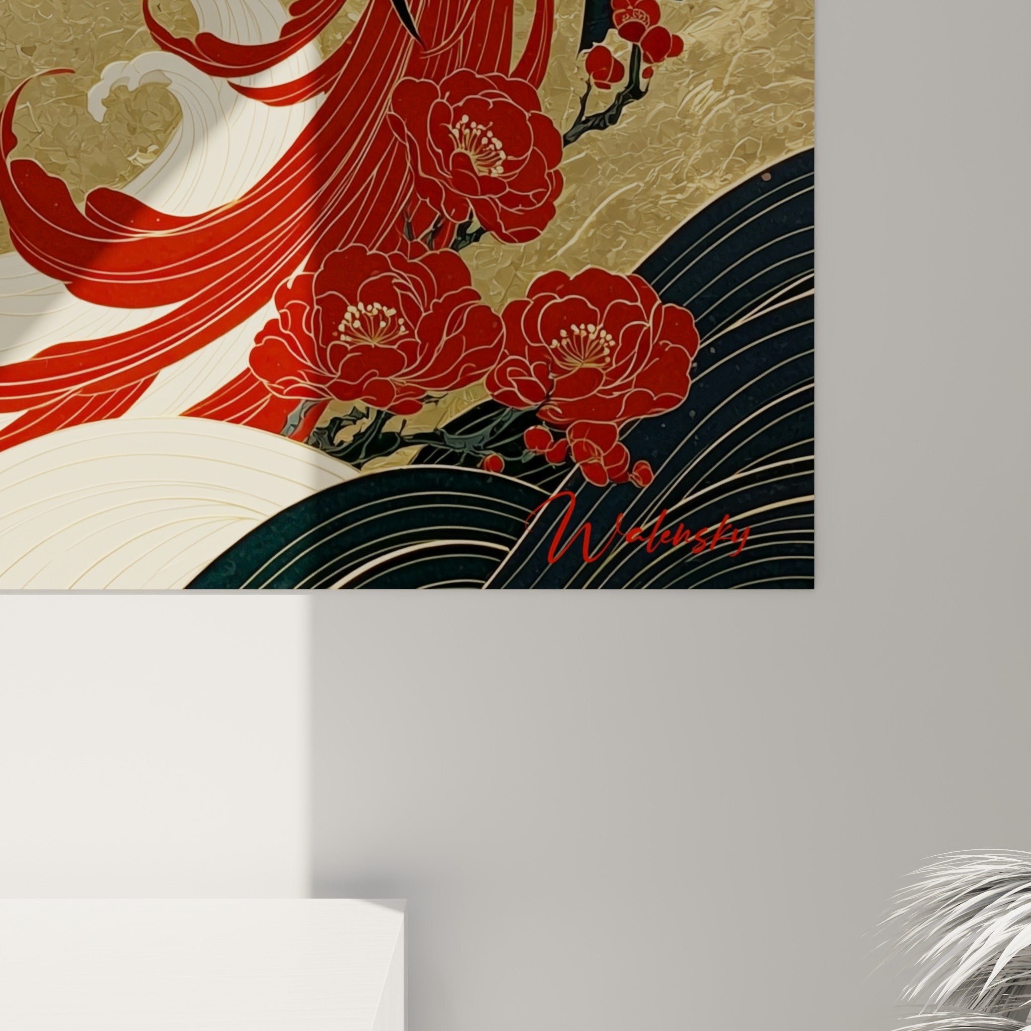 Empâtements dorés et coulures rouges se mêlant sur la toile du tableau Yin Yang accrochée