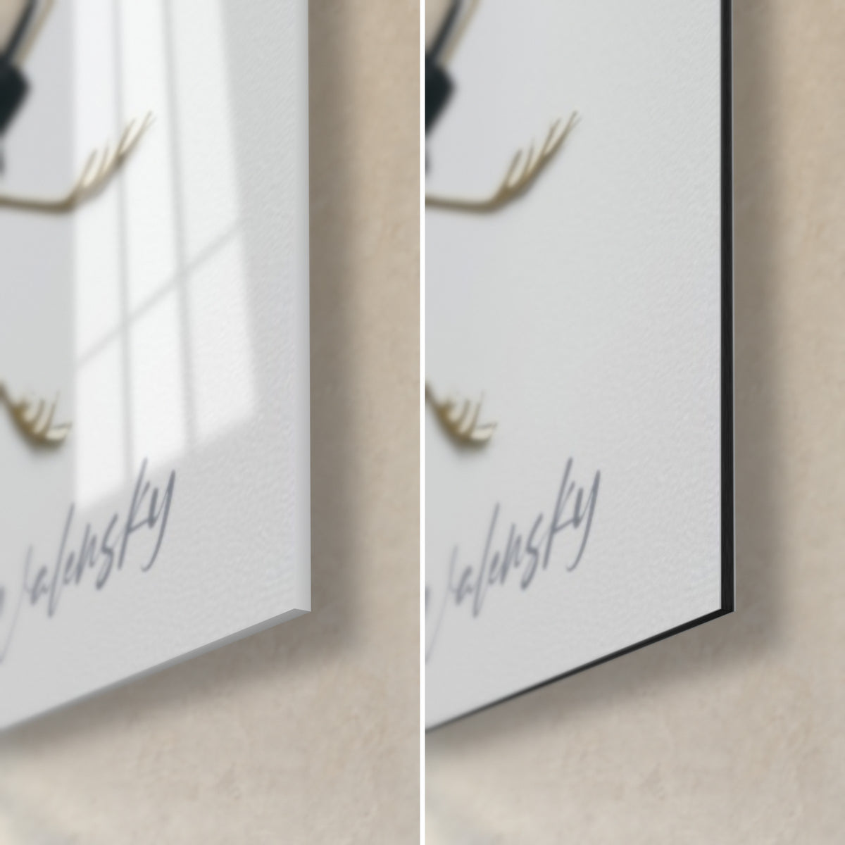 Tableau cercle noir mat et or, coin bas droit : verre acrylique brillant aux reflets, alu Dibond blanc et tranche fine