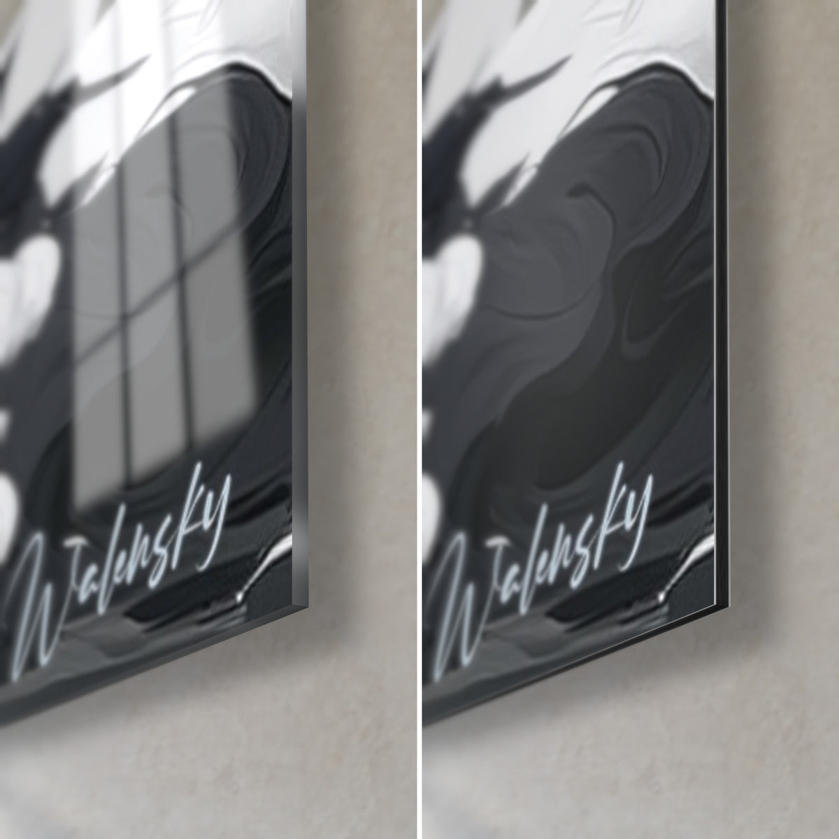 Tableau yin yang gris anthracite et blanc, coin bas droit, éclaboussures d'encre et signature Walensky, verre brillant et Dibond mat