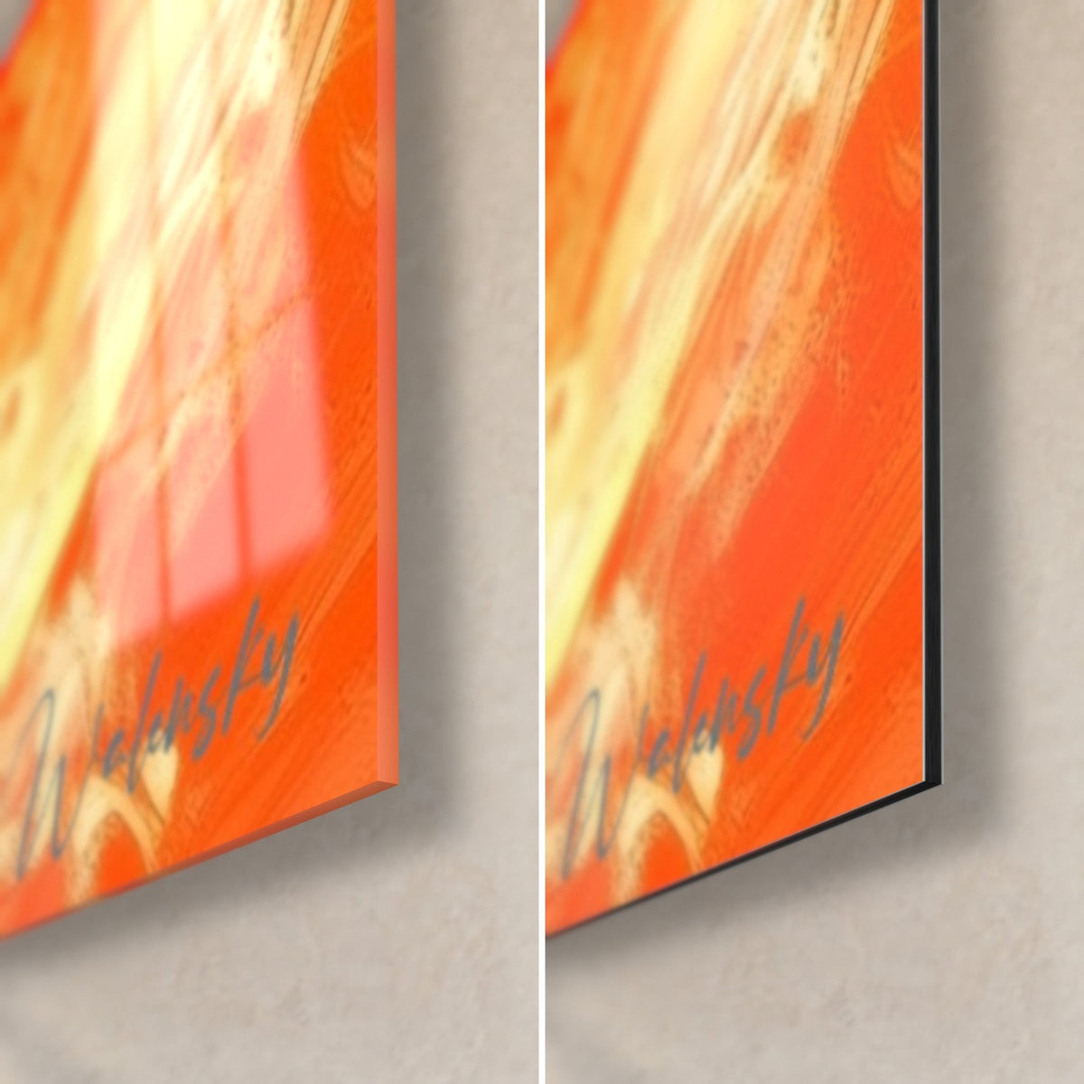 Schilderij yin yang in turquoise en oranje, rechter onderhoek, glanzend acrylglas links, mat Dibond rechts, 3 mm rand