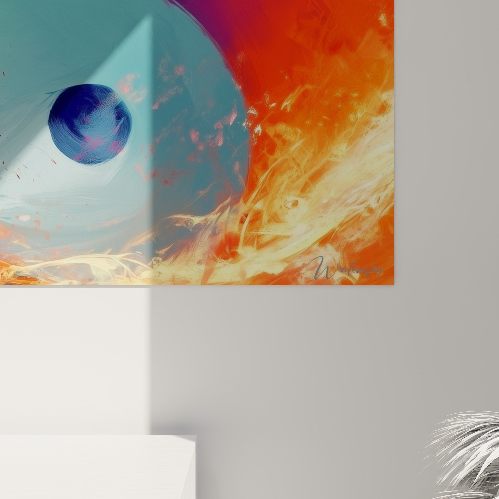 Empâtements du Yin Yang où le magenta et le turquoise se fondent en coulures texturées