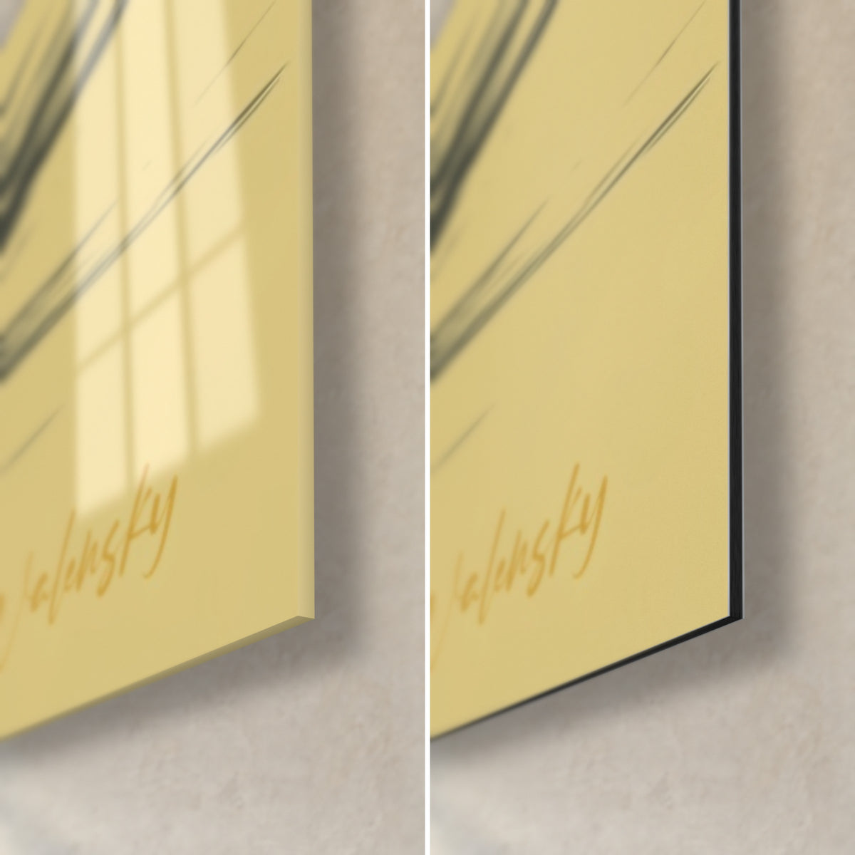 Wall art golden yin yang, bottom right corner with Walensky cursive signature, glossy acrylic glass on the left and matte Dibond aluminum on the right