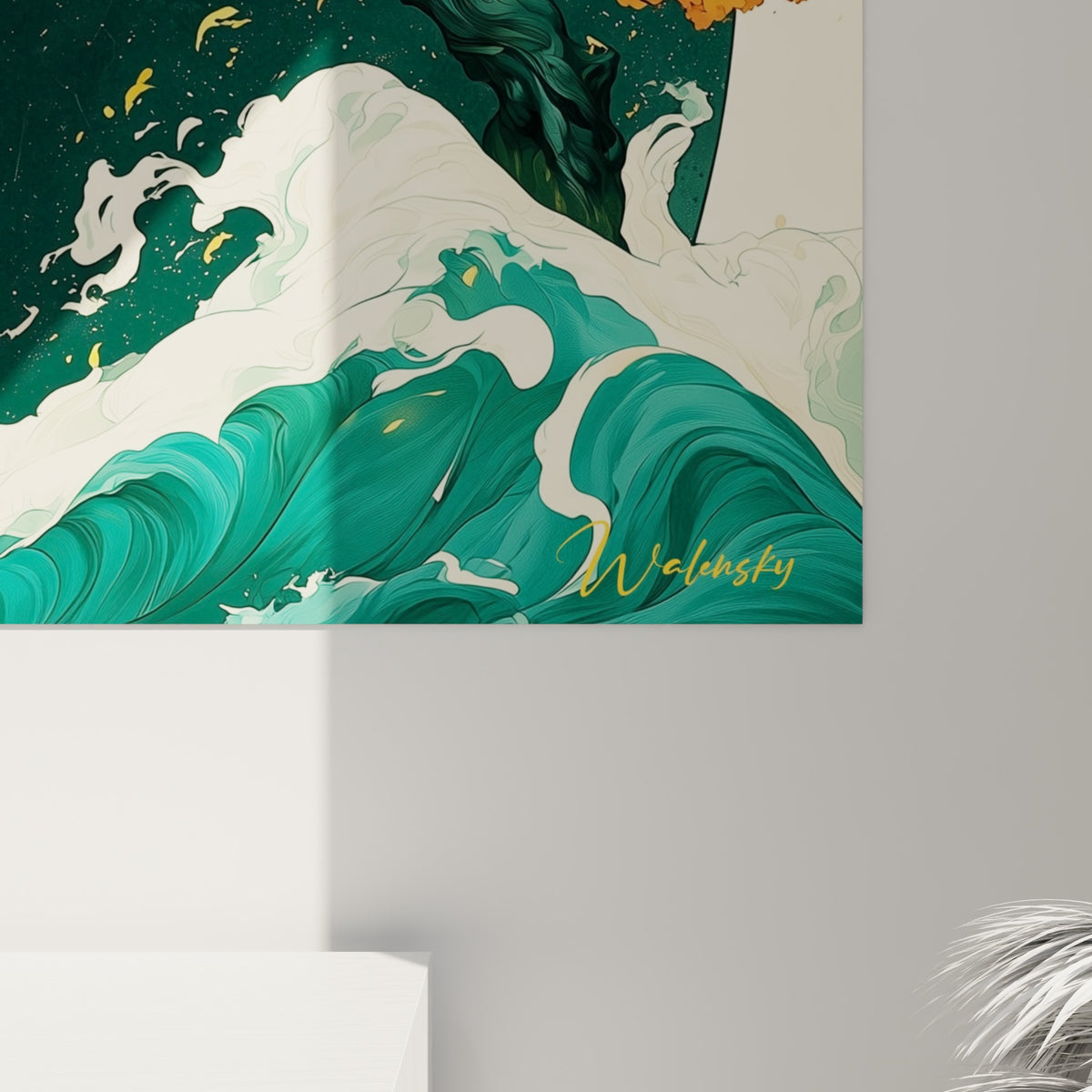 Détail des empâtements ocre et vert sapin du Yin Yang, grain visible entre les feuillages dorés et les vagues