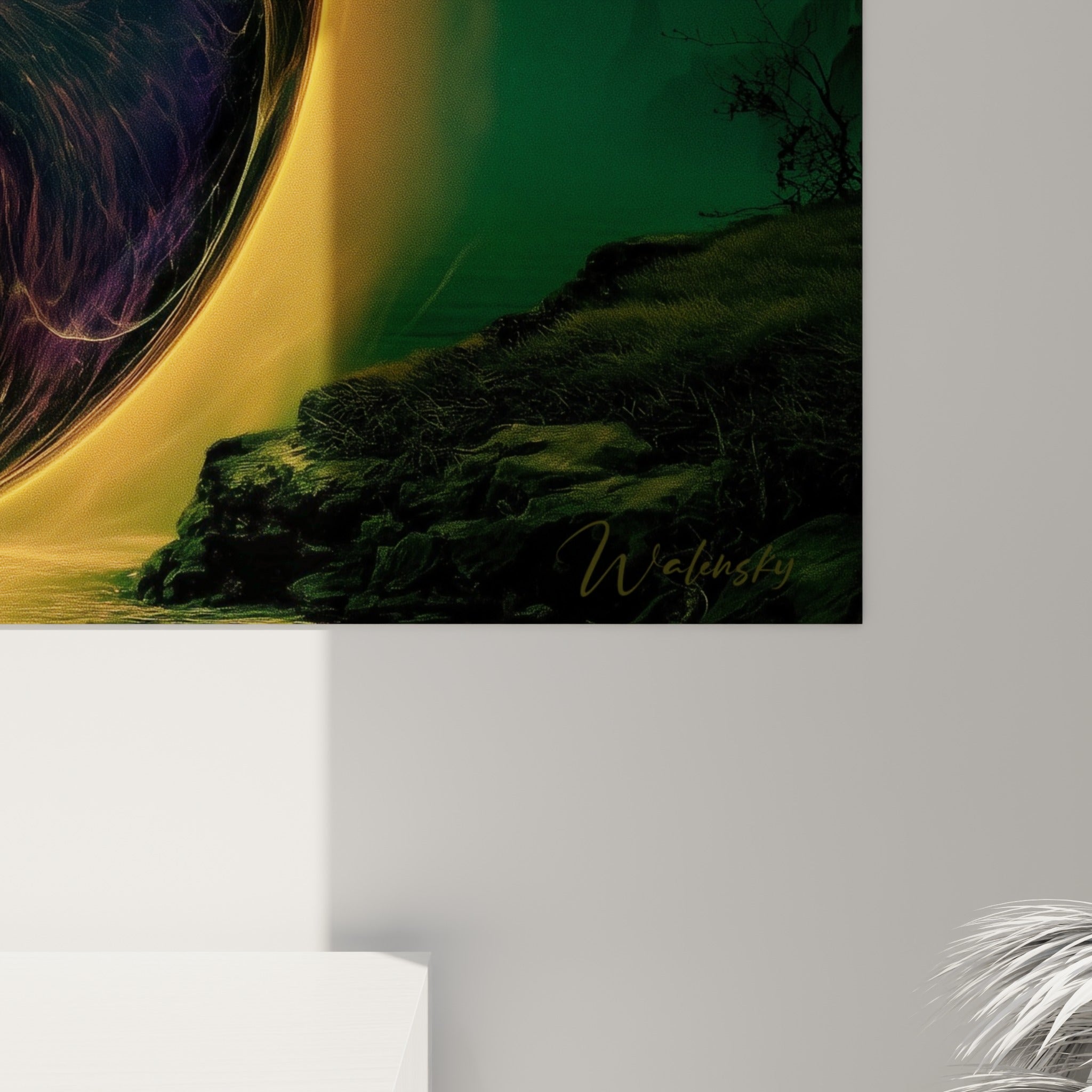 Filaments dorés et verts du Yin Yang, texture fractale visible en gros plan sur la toile