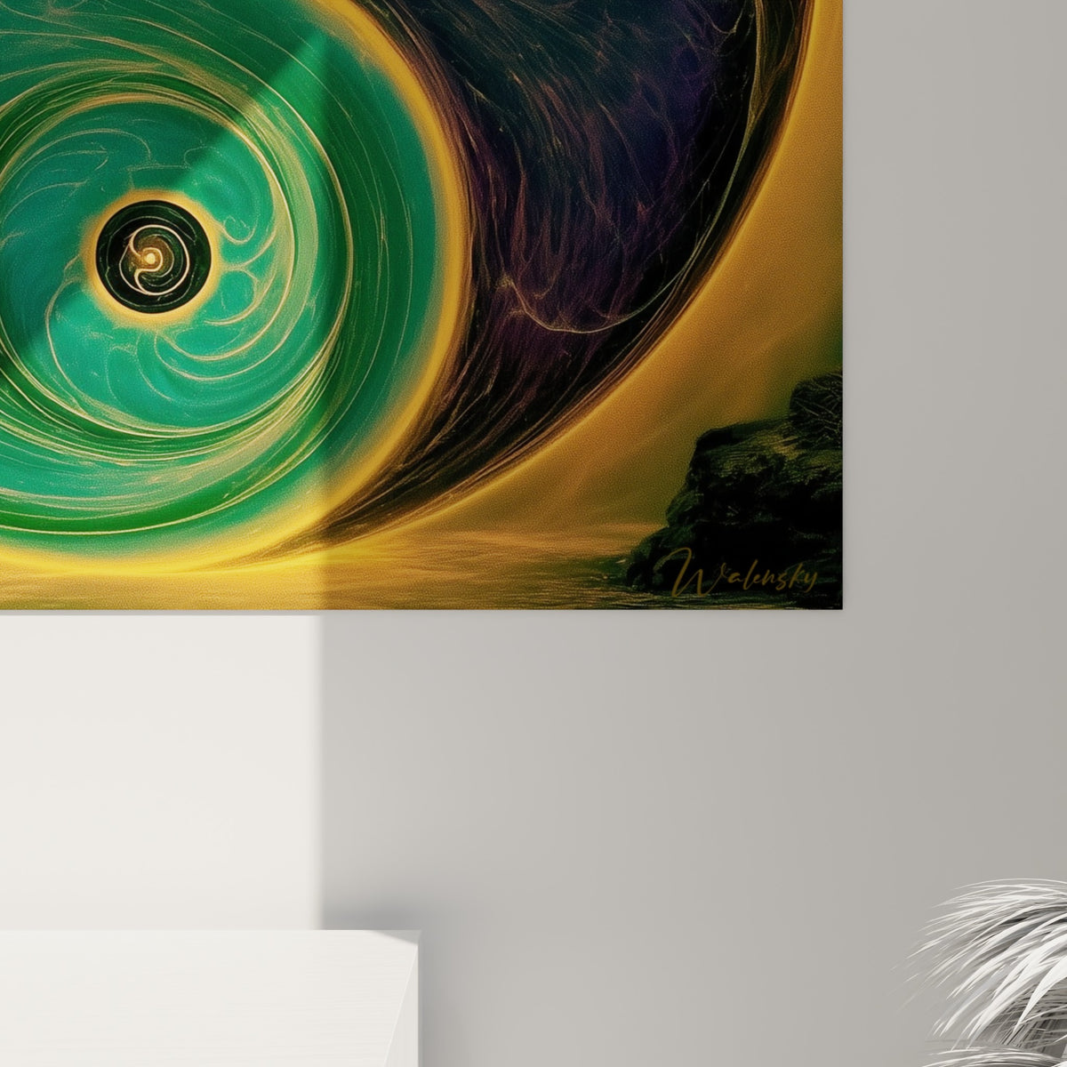 Grain doré et volutes vert émeraude du tableau Yin Yang révélant la finesse fractale de l'impression