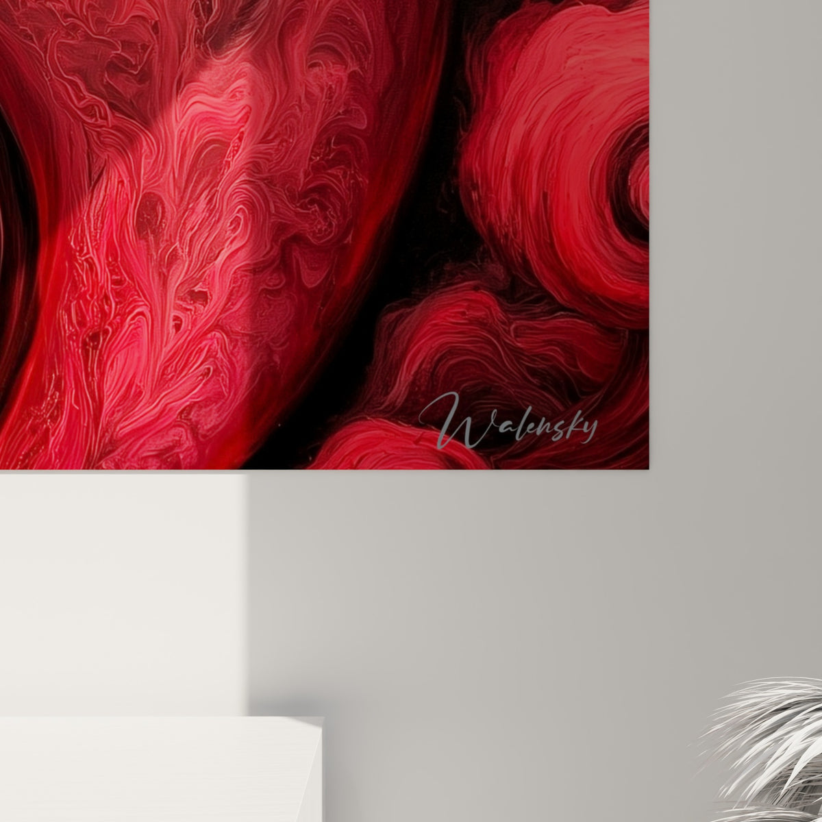 Détail des volutes rouges et grises du Yin Yang révélant les nuances fumées et le grain de l'impression