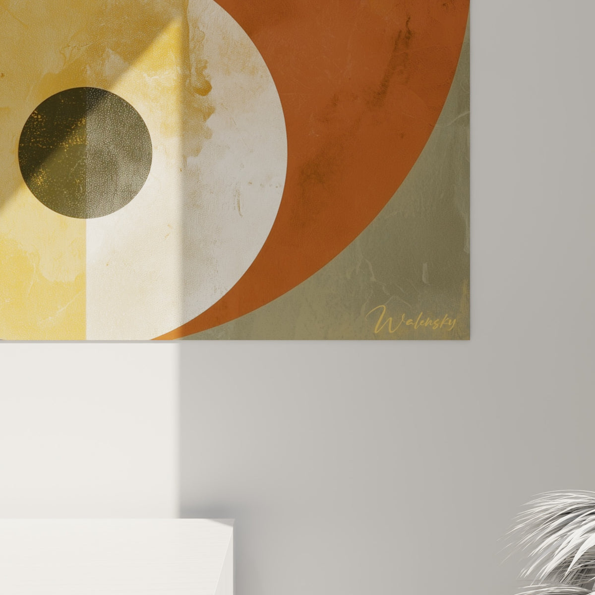 Grain texturé du symbole Yin Yang, coulures ocre et terracotta se fondant sur la toile