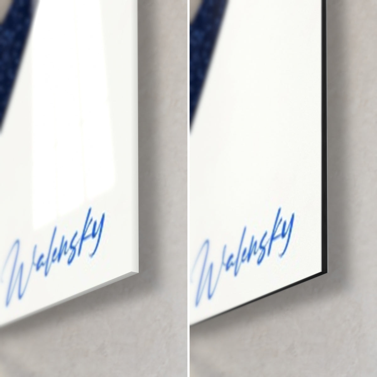 Wall art granular navy blue yin yang spiral, bottom right corner with blue signature, glossy glass on the left, matte Dibond on the right