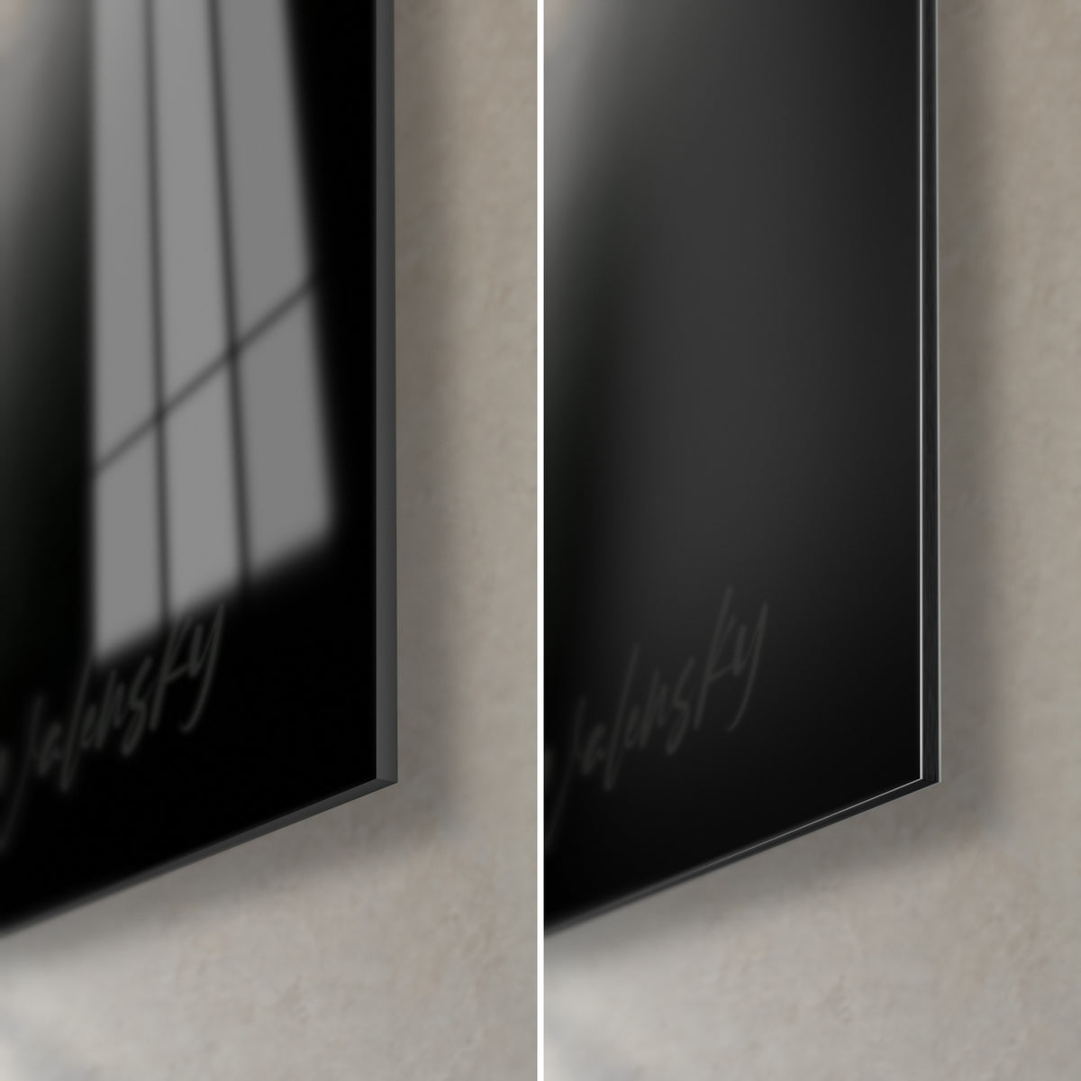 Wall art circle of yin and yang, bottom right corner: glossy acrylic glass reflecting the window on the left, matt black Dibond on the right