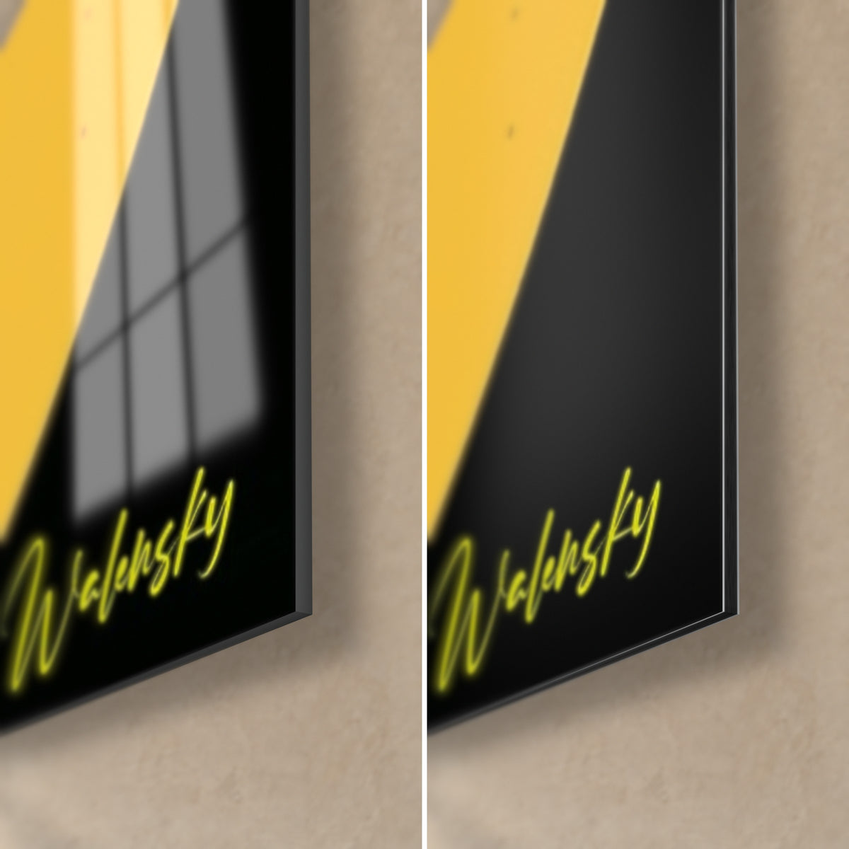 Wall art monk silhouetted in black and ochre, bottom right corner: glossy acrylic glass with reflections, matte Dibond aluminium, 3 mm edge