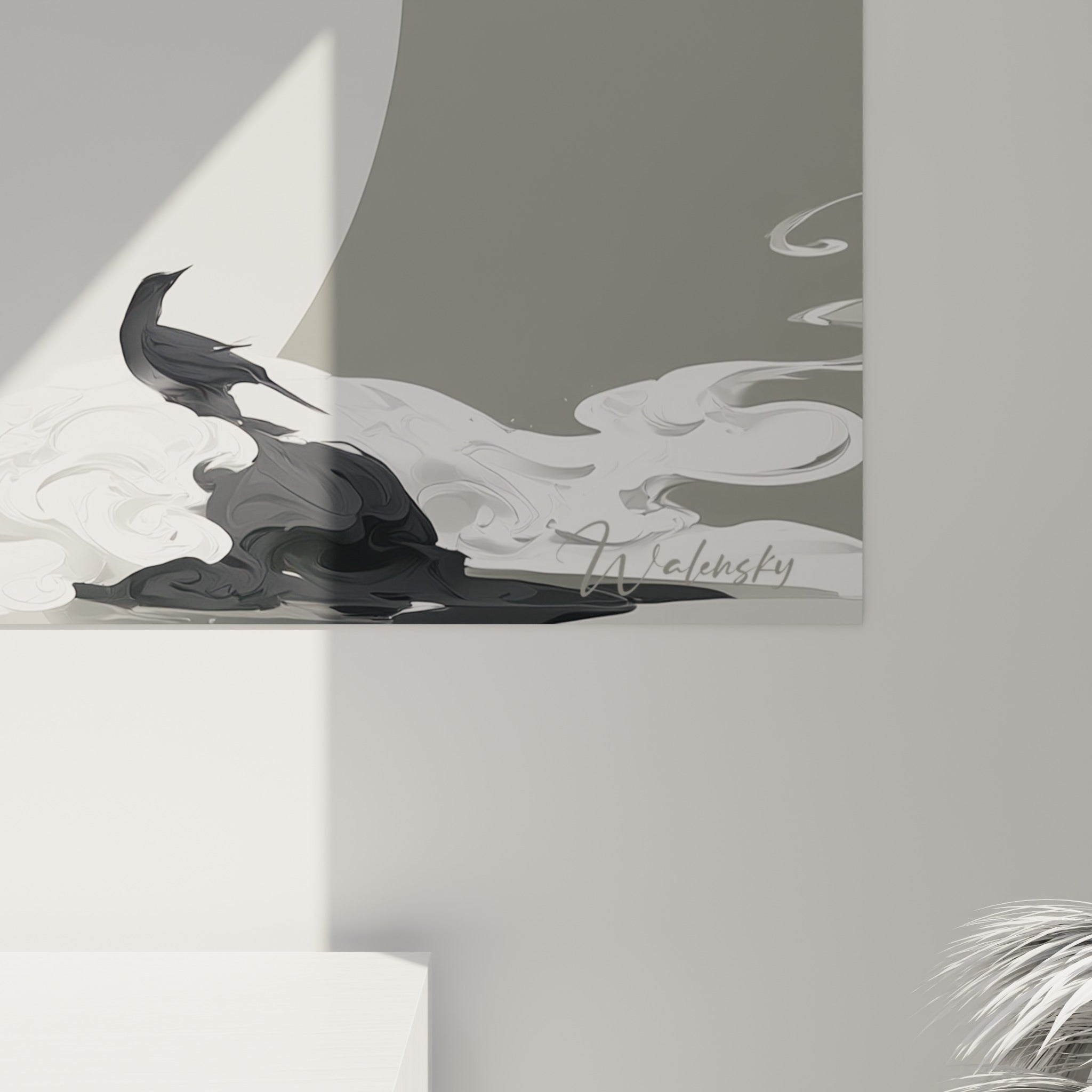 Empâtements dorés et coulures blanches se mêlant au noir profond du Yin Yang en gros plan