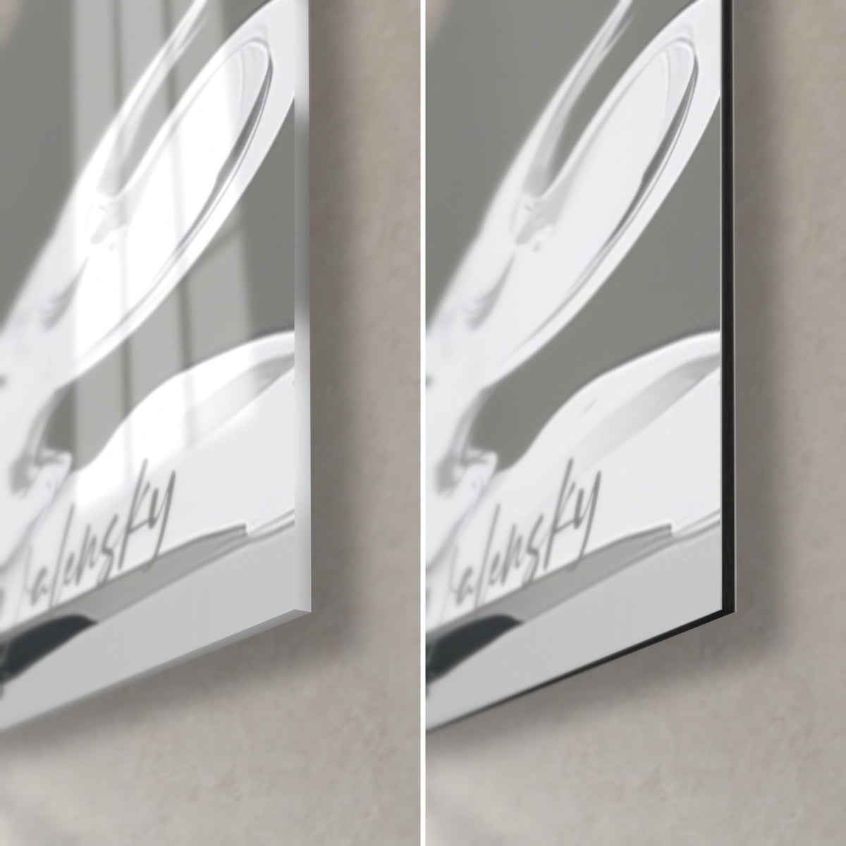 Tableau yin yang noir et blanc, coin bas droit : verre acrylique brillant à gauche, alu Dibond mat gris à droite, tranche de 3 mm