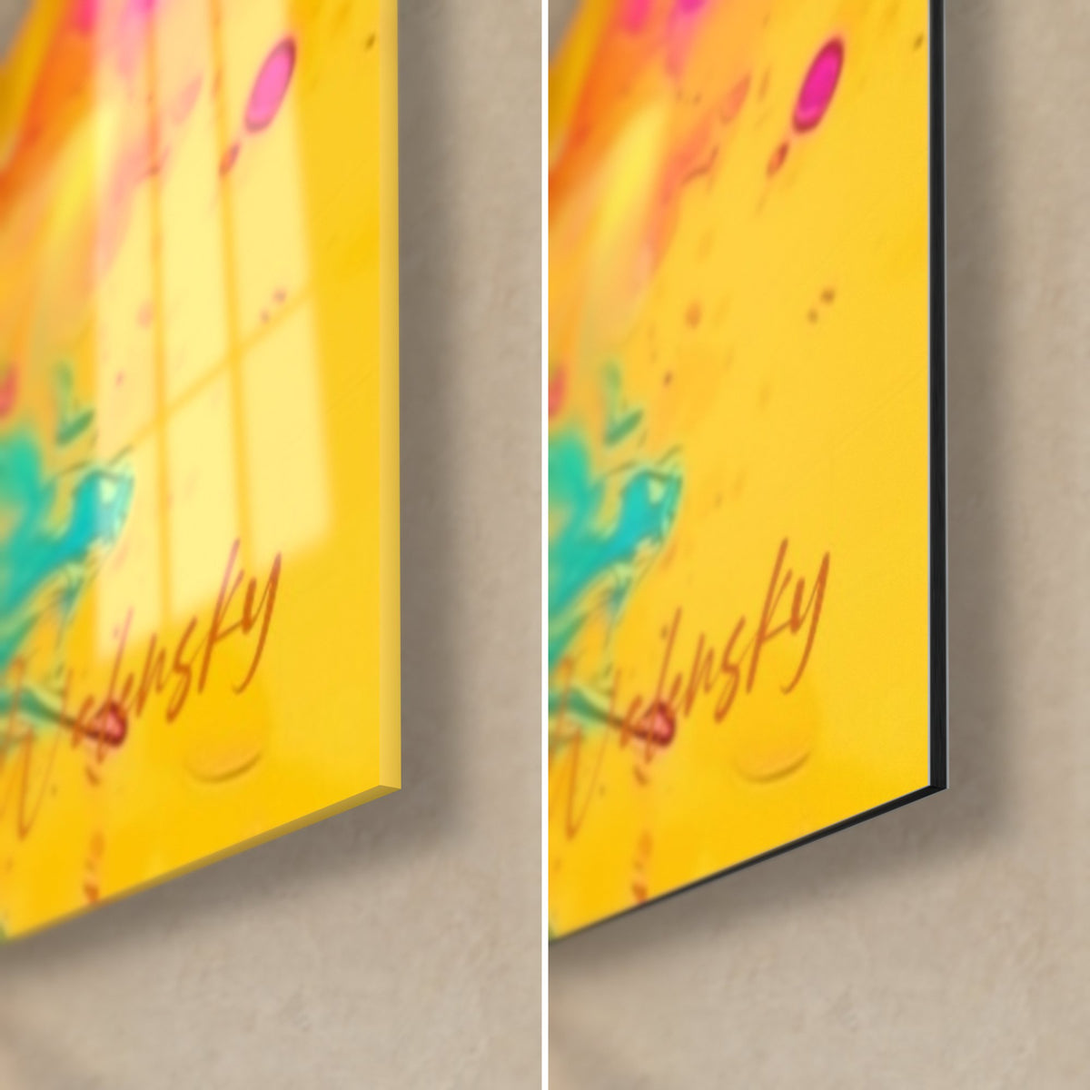 Schilderij yin yang met felgele spatten, rode handtekening, rechterbenedenhoek in glanzend glas en mat zwart Dibond, 3 mm dik