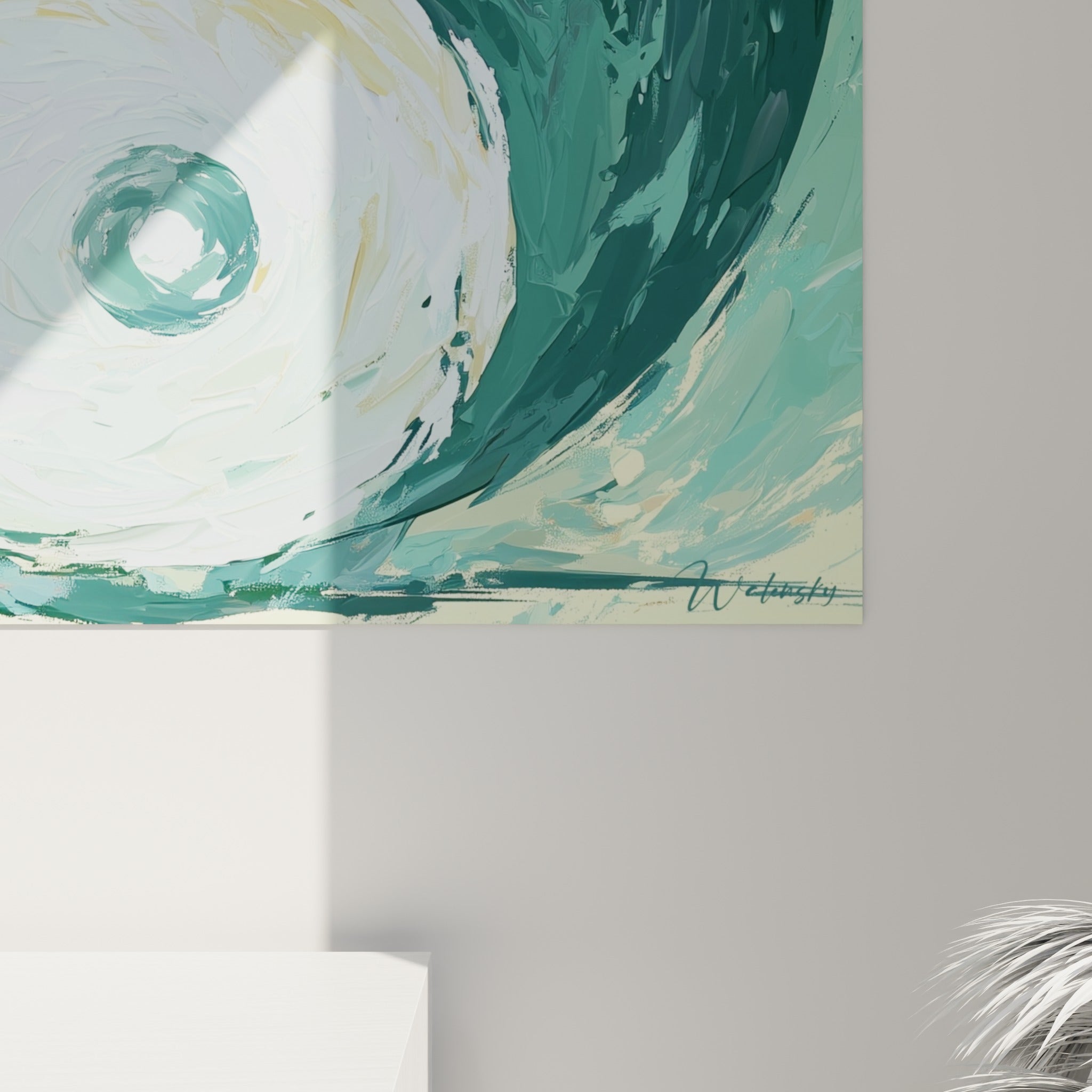 Matière épaisse du Yin Yang, coulures corail et empâtements verts qui se fondent en gros plan