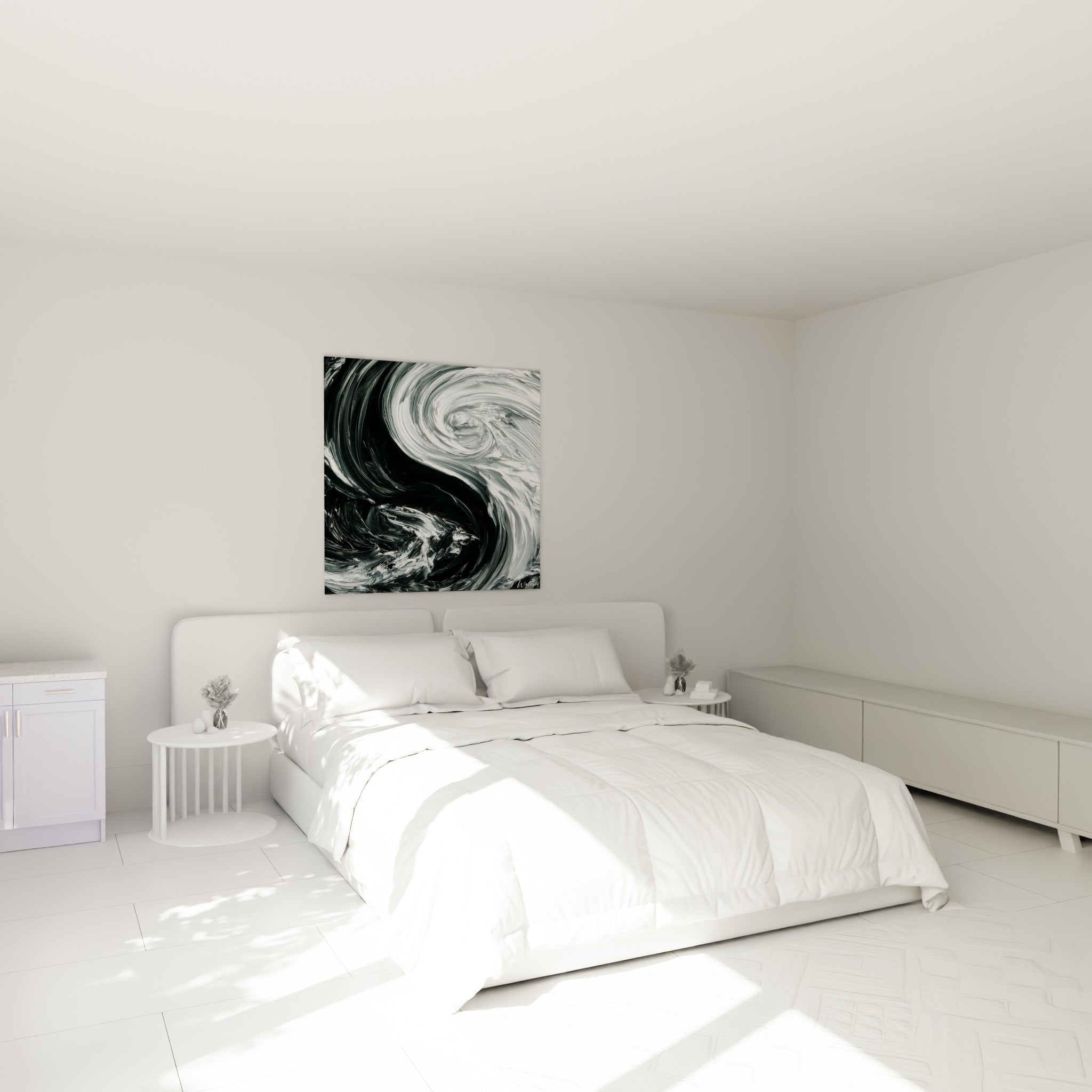 Spirales noires et blanches du tableau Yin Yang accrochées au-dessus d'un lit dans une chambre claire