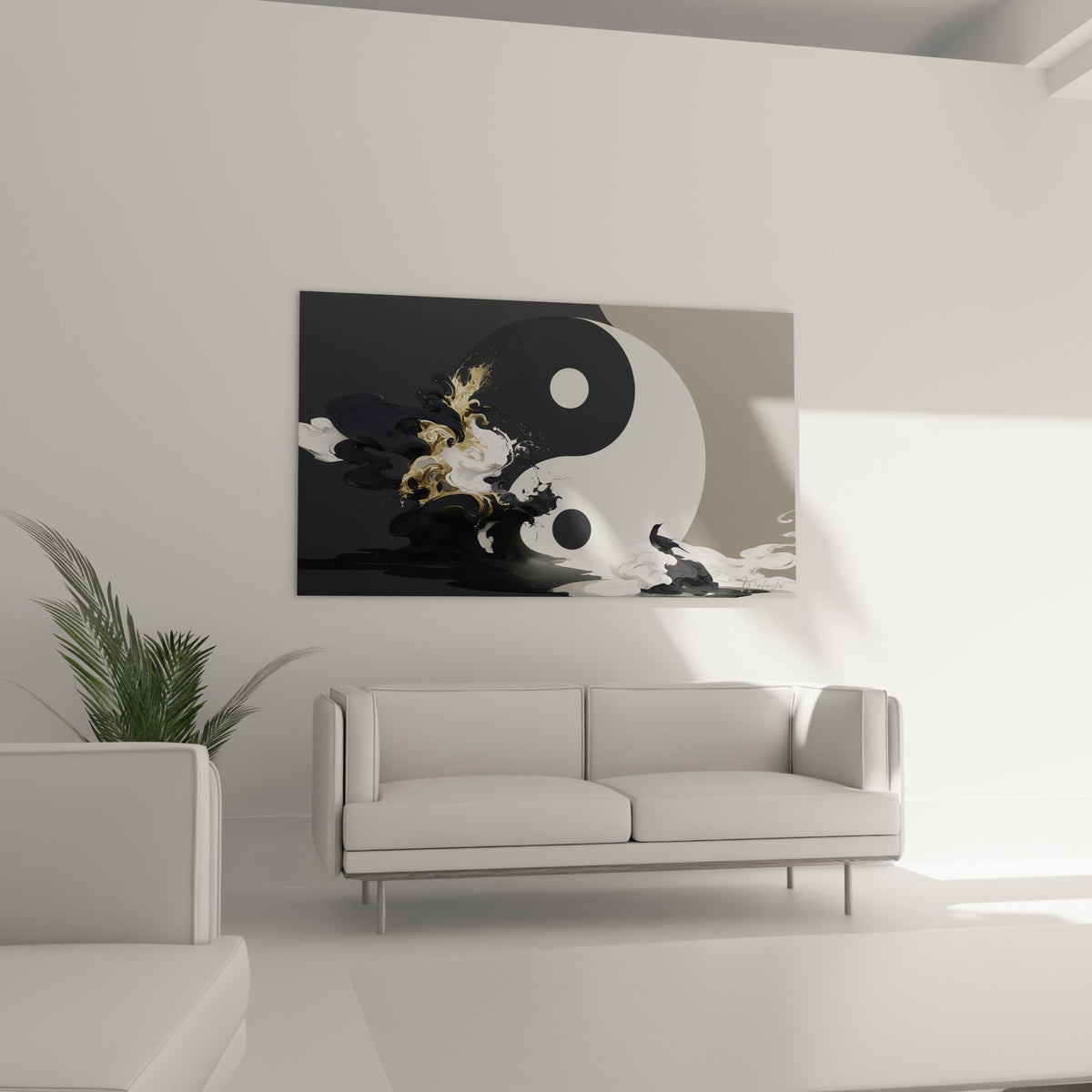 Tourbillon blanc et anthracite du symbole Yin Yang au-dessus d'un canapé dans un salon lumineux