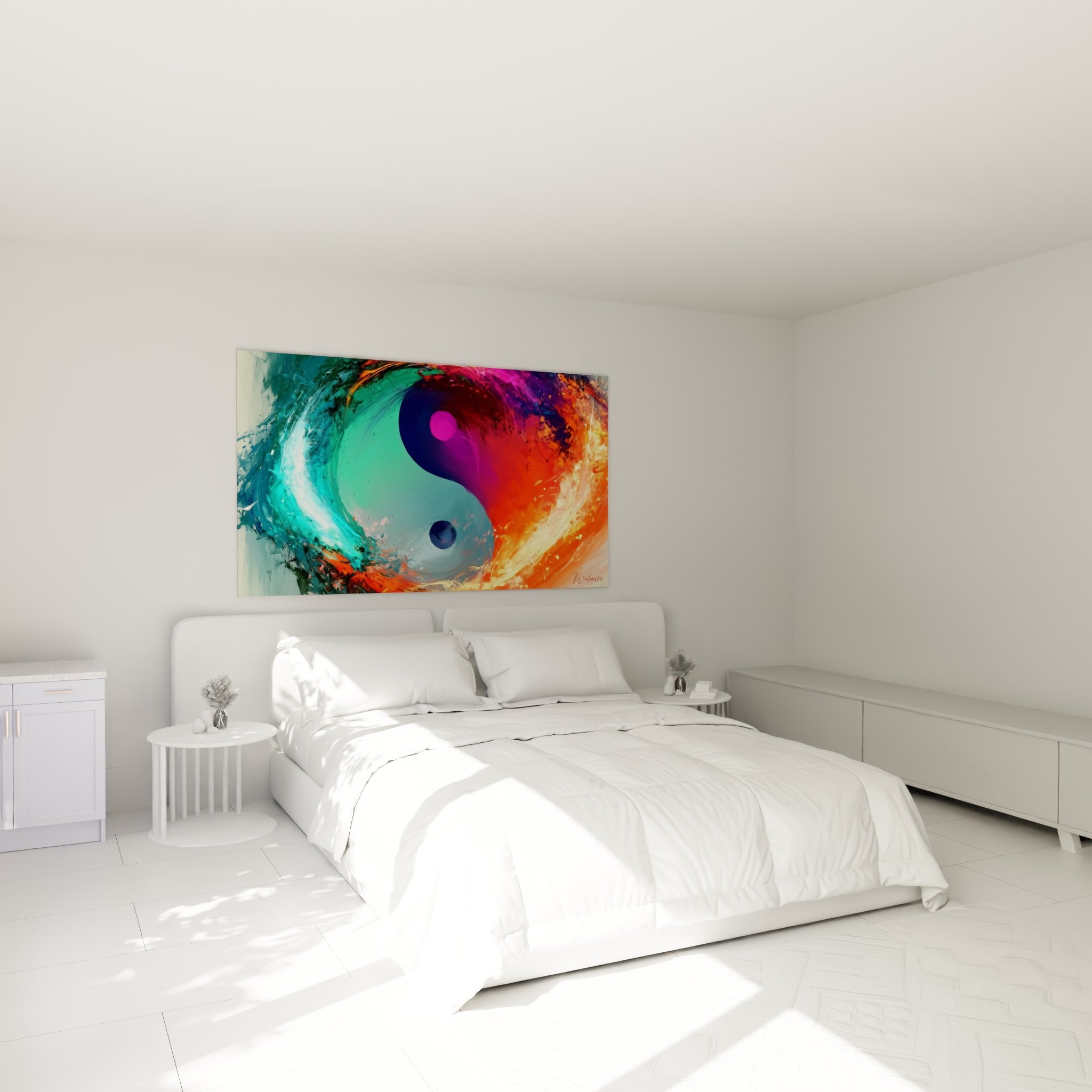 Symbole Yin Yang aux flammes orange et vagues turquoise, au-dessus d'un lit dans une chambre claire